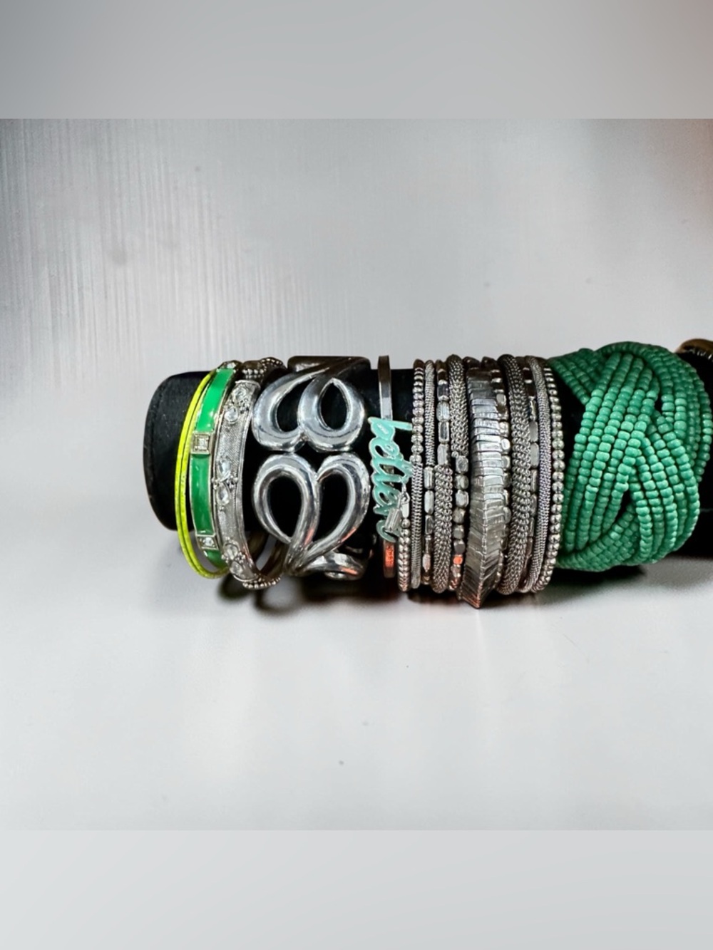 Boho Silver and Emerald Green Bangle Bracelet Stack- TribalMixed Mode Set - Picture 2 of 4